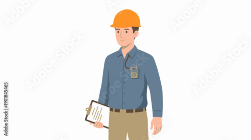 Construction Safety Officer or Engineer Illustration in Hard Hat Holding Clipboard and Dosimeter. Occupational Health and Safety (OHS) Compliance Worker.