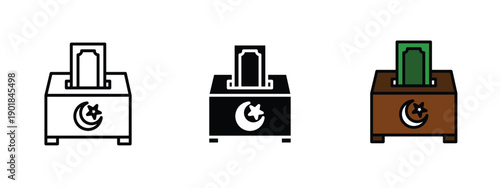 3 Zakat Box or charity box icons with one editable icon, one silhouette and one colored icon 