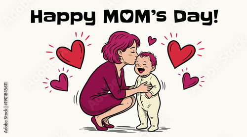 Happy Mom's Day! Cartoon illustration of mother kissing baby with glowing hearts. Motherhood, family love, and celebration greeting card design.