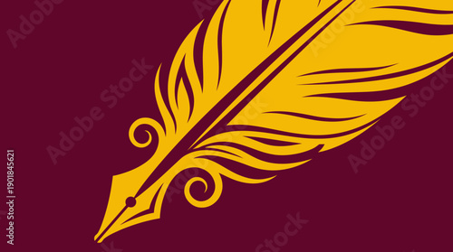 Ornate Quill Pen and Nib Icon on Maroon Background. Golden Feather Logo Concept for Writing, Education, Literature, and Traditional Communication.