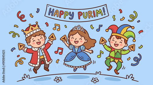 Happy Purim Celebration Banner with Cute Cartoon Kids in Costume Holding Hamantaschen Cookies (Oznei Haman), Confetti, and Music Notes.