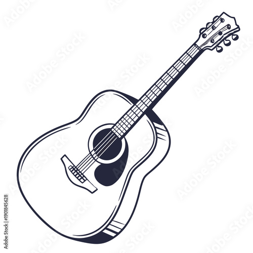 A detailed illustration of a classic acoustic guitar with six strings and a round sound hole Vector