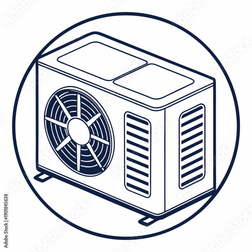A large industrial air conditioning unit with a fan and vents mounted on a wall. Vector
