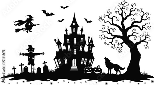 Spooky Halloween Landscape Silhouette Vector with Haunted Castle Witch on Broomstick Bats Cemetery Tombstones Scary Tree Jack O Lanterns and Howling Wolf Background