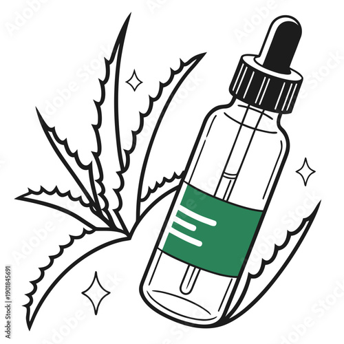 A green bottle of essential oil with a dropper next to a plant. Vector