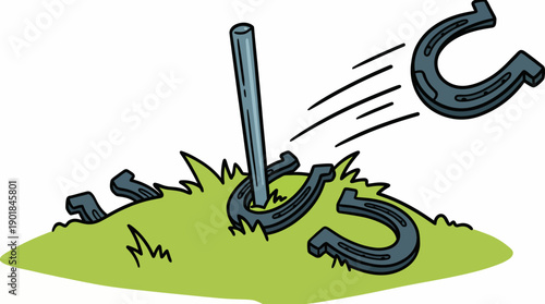 Horseshoes Game Cartoon Illustration. Ringer Pitching on Stake with Motion Lines. Classic Backyard Lawn Sport Activity.