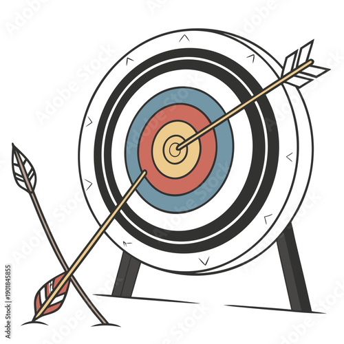 Arrows hitting the center of a target with a stand and one arrow missing. Vector