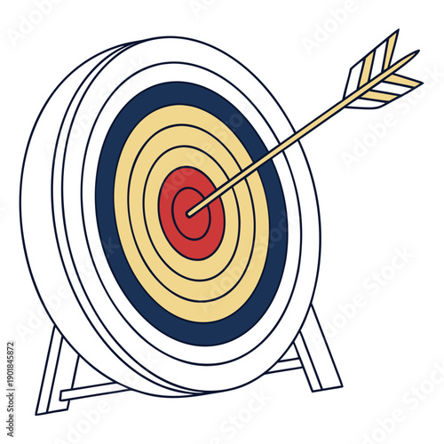A close-up view of an archery target with an arrow hitting the center. Vector
