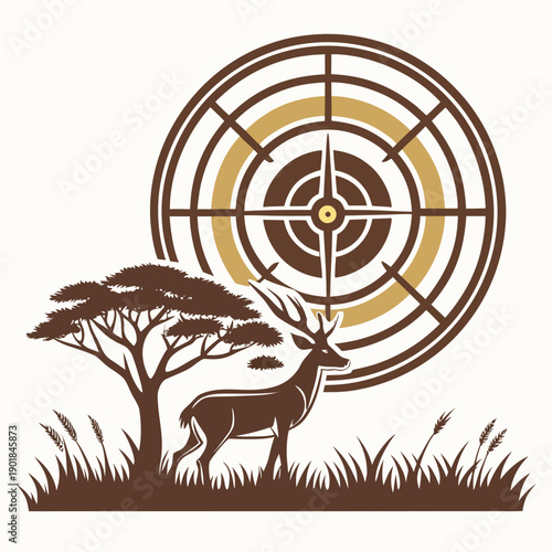 A majestic giraffe standing tall in a savanna landscape with a target pattern in the background Vector