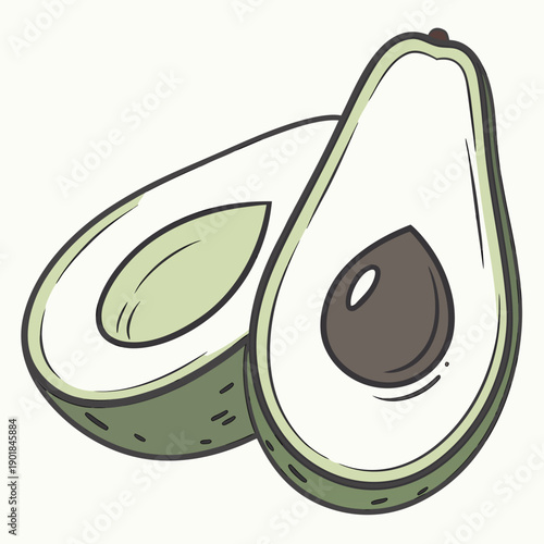Two halves of an avocado with a single pit displayed on a white background Vector