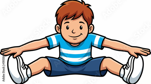 Happy Cartoon Boy Stretching Illustration. Smiling Kid Character Doing Exercise, Flexibility Workout, and Fitness Pose Isolated on White.