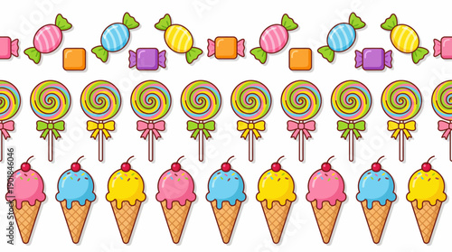 Sweet Candy Seamless Pattern Border: Colorful Cartoon Lollipops, Wrapped Treats, and Ice Cream Cones Decoration