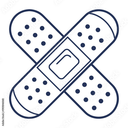 A graphic illustration of two white bandages with blue dots and a central adhesive strip. Vector