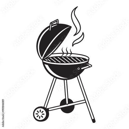 A black and white illustration of a barbecue grill with smoke rising from it. Vector