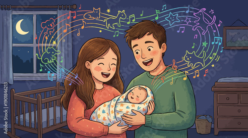 Parents Singing Lullaby to Newborn Baby at Night, Illustrated with Magical Musical Notes and Floating Nursery Rhyme Animals