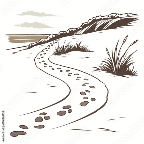 A winding path through a grassy landscape with visible footprints Vector