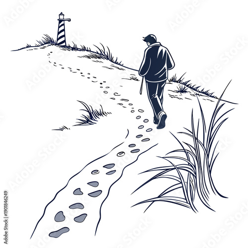 A person walking along a path in a serene, grassy landscape with a cross in the distance. Vector