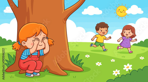 Happy Cartoon Kids Playing Hide and Seek Outdoors: Girl Counting Behind Tree While Friends Run on Sunny Summer Day.