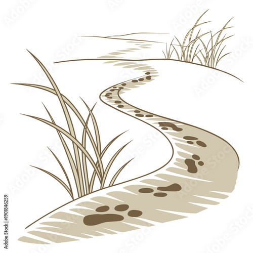 A winding path through a serene landscape with footprints and tall grass. Vector
