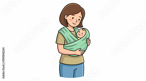 Cheerful Cartoon Mother Cuddling Newborn Baby in a Green Sling Wrap. Happy Mom Babywearing Concept Illustration.