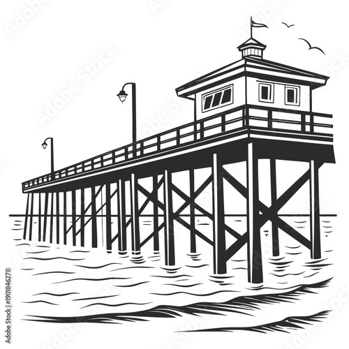 A vintage pier extending over a calm body of water with a small building at the end. Vector