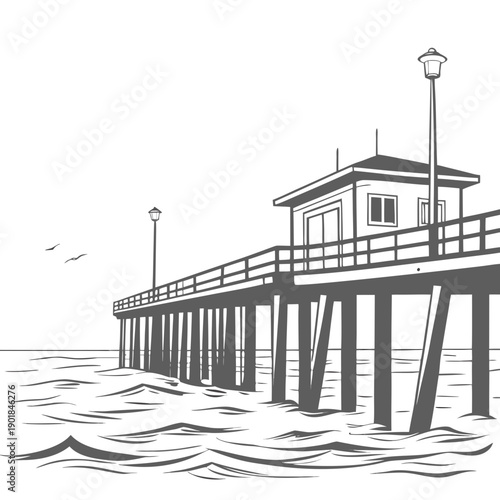 A serene pier stretching out into the calm ocean waters under a clear sky. Vector