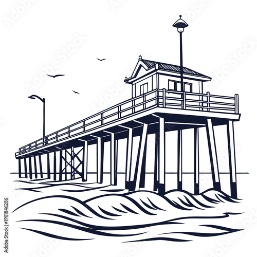 An old wooden pier extending into the ocean with a lighthouse at the end. Vector