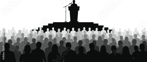 Silhouette of a Public Speaker Addressing a Large Crowds from a Podium on Stage Representing Leadership, Political Rally, Motivation, Business Conference and Seminar