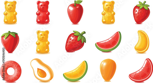 Colorful gummy candies and fruit jellies on a plain background, sweet treat