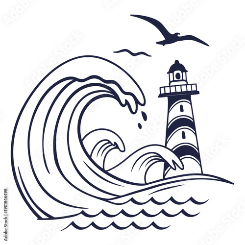 A majestic lighthouse standing tall against the crashing waves and flying seabirds Vector