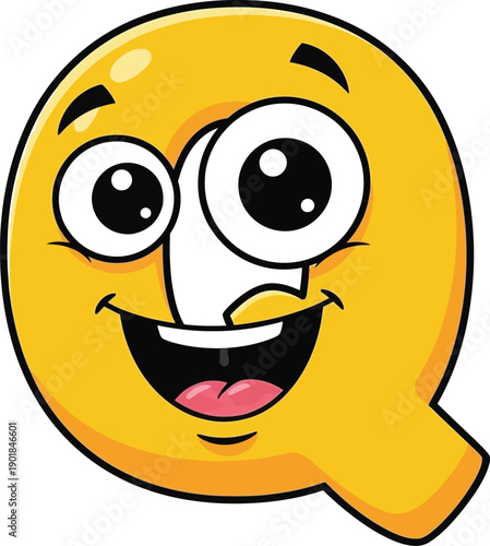 Cheerful yellow letter Q character with cartoon face on a plain background