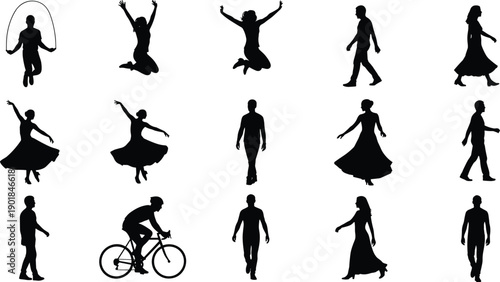 People silhouettes in motion featuring jumping dancing cycling walking and rope skipping, active lifestyle vector collection for fitness and health design