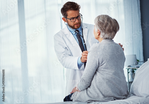Schilderij op canvas Old woman, doctor or stethoscope exam in clinic for lung assessment, respiratory concern or checkup