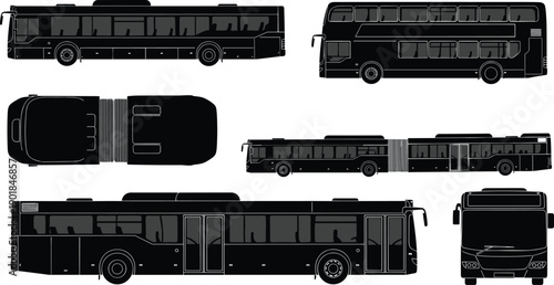 Public transportation bus silhouette set featuring double decker, articulated, and standard city transit vehicles from front, side, and top views.