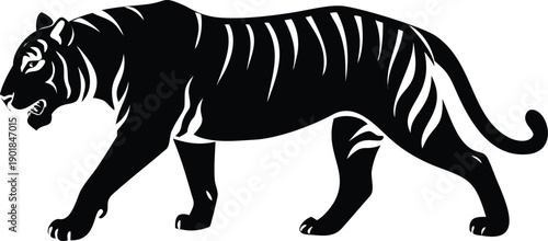 Intense black tiger silhouette featuring stylized stripes and visible fangs, walking purposefully on white