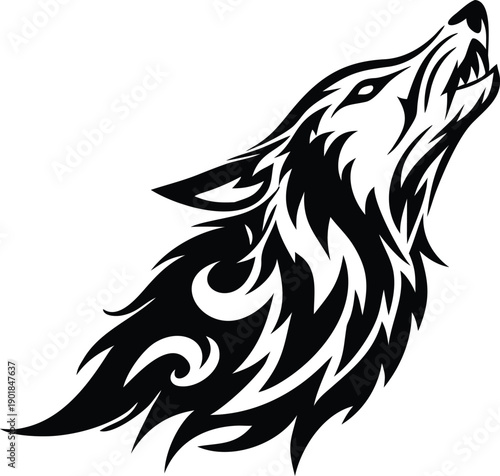 Majestic stylized black wolf head howling fiercely with flowing tribal patterns