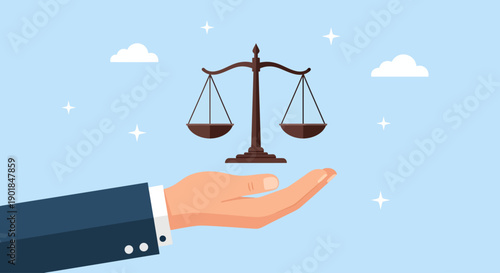 A professional hand in a dark suit sleeve gently presents a perfectly balanced brown scale of justice against a light blue sky backdrop adorned with stylized white clouds and twinkling stars