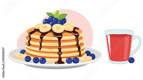 Stack of fluffy pancakes with chocolate syrup, banana slices, and blueberries served with a glass of juice for a delicious breakfast.