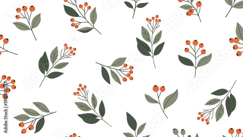 Elegant seamless pattern of green leaf branches and red berry clusters on a white background for a natural and seasonal floral theme.