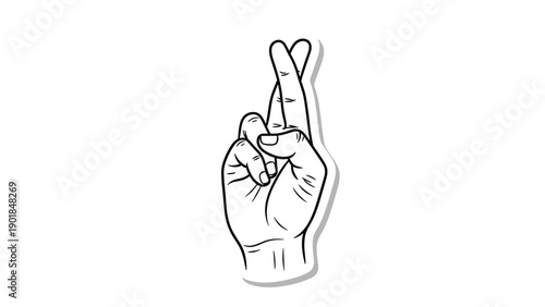 Hand drawn illustration of a human hand showing the crossed fingers gesture as a symbol of luck, hope, or making a promise for design.