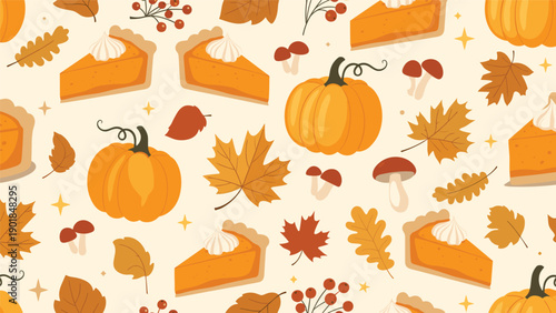 Warm autumn pattern featuring pumpkin pie slices, whole pumpkins, maple leaves, and mushrooms for a cozy seasonal and holiday feeling.