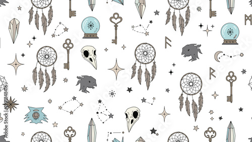 Mystical seamless pattern with dreamcatchers, crystal balls, bird skulls, keys, and stars for unique spiritual decor.