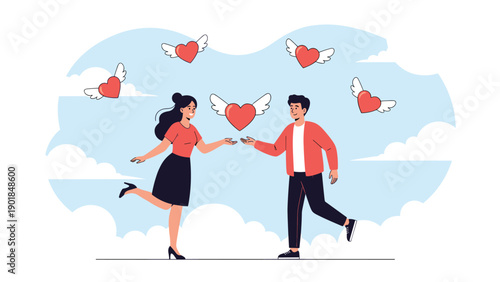 Romantic illustration of a happy couple reaching out to each other with many winged hearts flying in a cloudy sky.