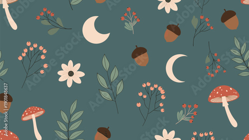 Enchanting seamless pattern with mushrooms acorns berries leaves and crescent moons on a dark teal background.