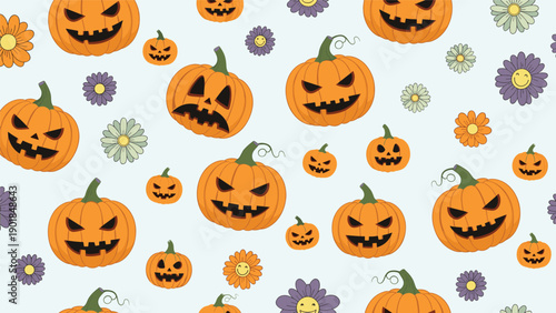 Festive seamless pattern featuring carved jack o lantern pumpkins and purple flowers on a light blue background.