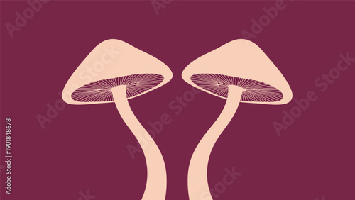 Two minimalist beige mushrooms with thin stems shown against a deep burgundy background for a nature decor theme.