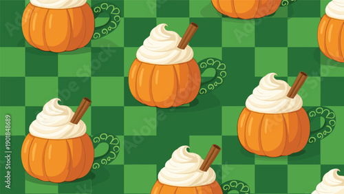 Cozy seamless pattern of pumpkin shaped mugs with whipped cream and cinnamon on a green checkered background.