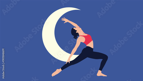Woman in athletic wear performing a crescent moon yoga pose set against a large glowing moon on a dark blue background.