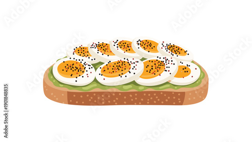 Delicious healthy avocado toast topped with hard boiled egg slices and cracked black pepper on a piece of bread.