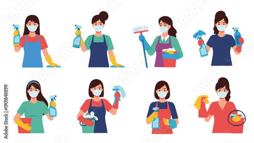 Set of eight female cleaning service professionals wearing face masks and holding various effective cleaning tools.